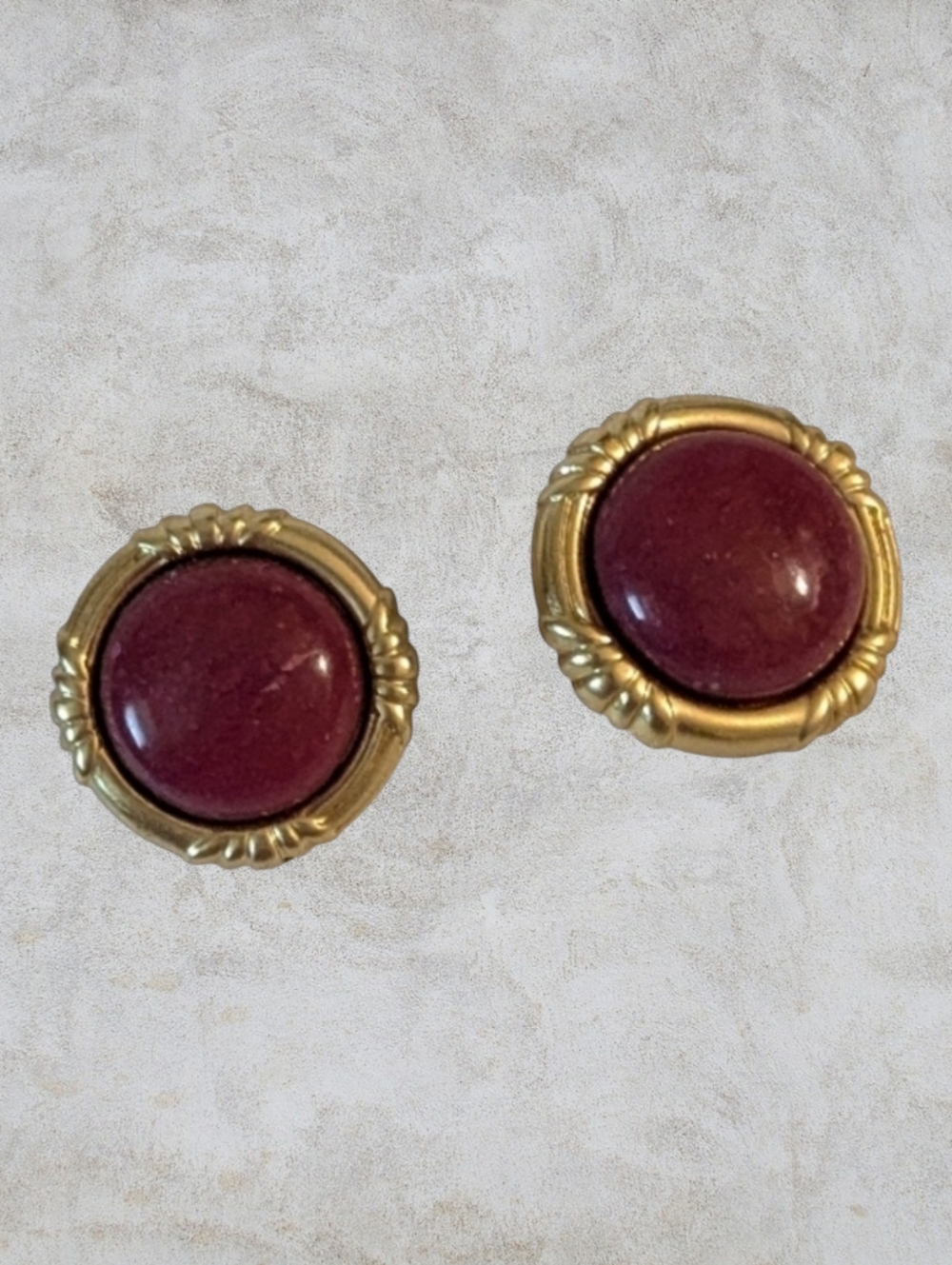 Vintage 1980s Bold Gold-Tone Earrings with Burgundy Cabochon - Pierced